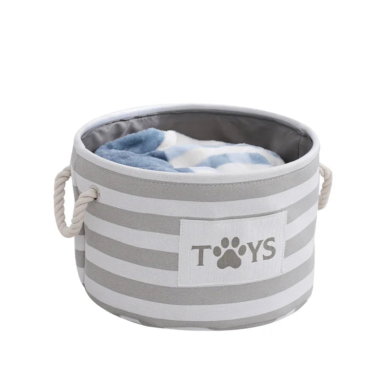 1pc-A foldable striped pet toy basket and a dog toy storage box with a woven rope handle